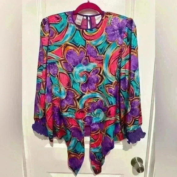 Montage By Mosaic Vintage Floral Blouse Purple Pink Teal - Picture 3 of 5
